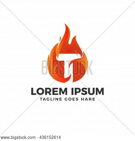 T Letter Logo Vector With Fire Illustration