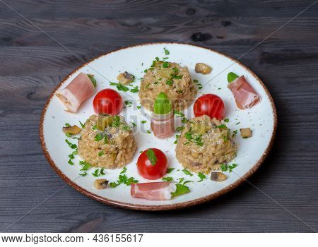 Rizotto Cherry Tomoatoes Jamon Parsley White Background