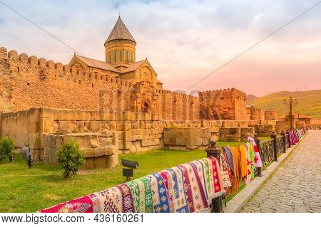 Mtskheta, Georgia - April 28, 2017: Sunset View Of Georgian Orthodox Svetitskhoveli Cathedral, Tradi