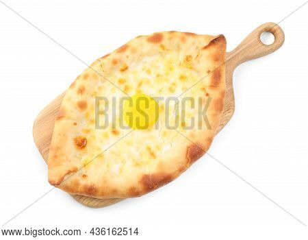 Fresh Delicious Adjarian Khachapuri Isolated On White, Top View