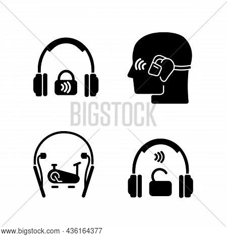 Wireless Headphones Black Glyph Icons Set On White Space. Professional On Ear Headset. In Ear Earpho