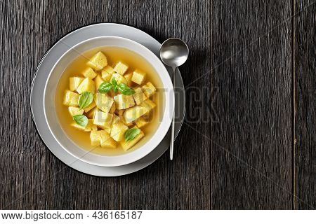 Zuppa Royale Alla Bolognese Con Brodo, Italian Soup Of Chicken Broth With Parmesan Egg Dumplings Spr