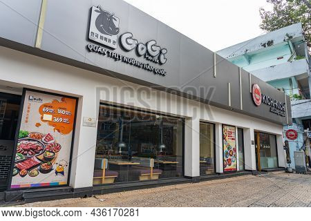 Saigon, Vietnam - 7 October 2021: Front View Of A Korean Style Barbecue Restaurant Gogi House