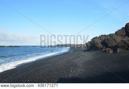 Seascape Of Dritvik Black Sand Beach In Iceland.