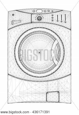 Washing Machine Wireframe From Black Lines Isolated On White Background. Front View. 3d. Vector Illu