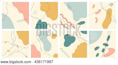 Abstract Background Of Colored Spots And Lines, Modern Trendy. Set Of Eight Vector Illustration For 