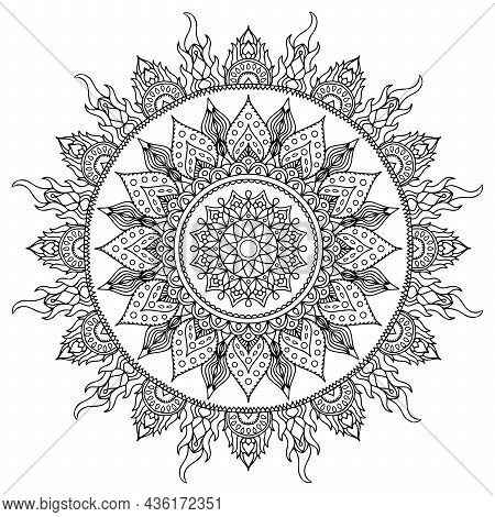 Mandala, Doodle Colouring Book Page. White, Black Round. Oriental Anti-stress Therapy Patterns, Medi