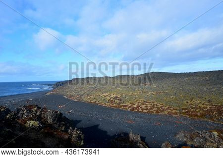 Stunning Black Lava Sand Beach Of Dritvik In Iceland.