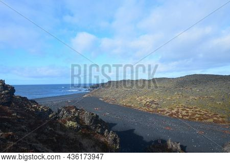 Beautiful Deserted Dritvik Black Sand Beach In Remote Iceland.