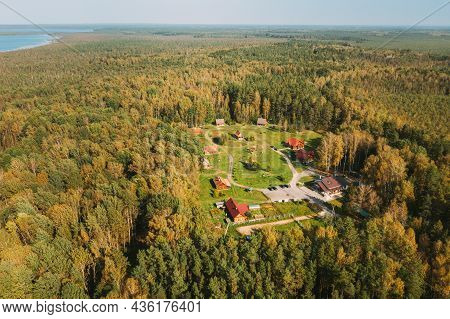 Belarus, Berezinsky Biosphere Reserve. Birds-eye View Of Nivki Tourist Complex In Autumn Sunny Day. 