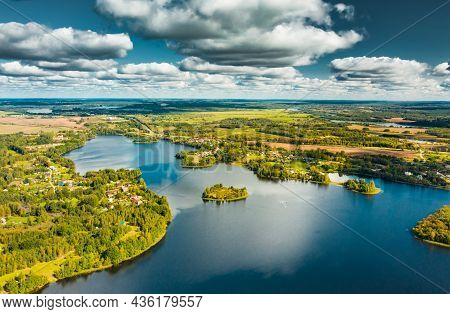 Lyepyel District, Vitebsk Region, Belarus. Aerial View Of Lepel Lake With Natural Small Islands.