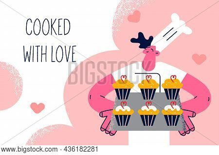 Professional Baker With Foods Concept. Young Smiling Woman Cartoon Character Baker In Apron Standing