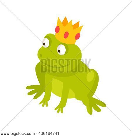 Cute Fairy Frog In Golden Crown On White Background Isometric Vector Illustration