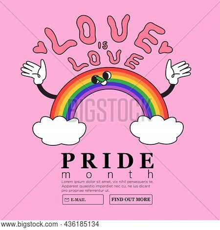 Smiling Cheerful Rainbow Holding Love Is Love Frase. Creative Lgbtq Or Pride Month Web Or Advertisem