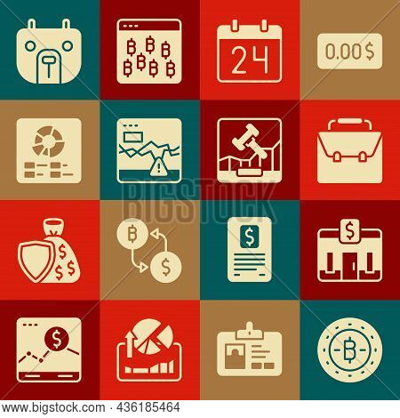 Set Bitcoin, Bank Building, Briefcase, Calendar, Failure Stocks Market, Pie Chart Infographic, Bear 