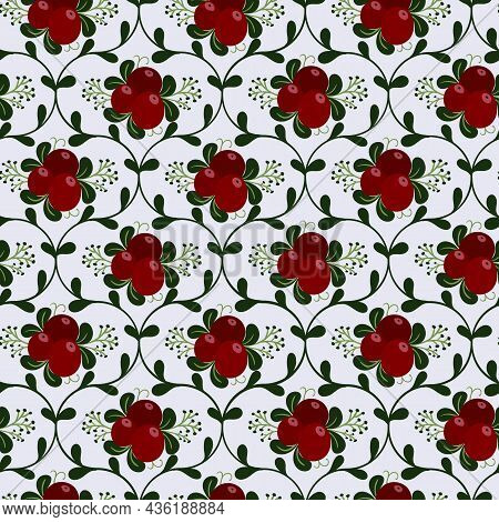 Cranberry Seamless Background. Damask Ornament. Ripe Red Berryes With Leaves.