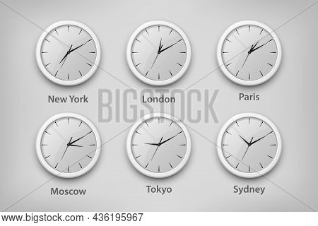 Vector 3d Realistic White Wall Office Clock Set. Time Zones Of Different Cities, White Dial. Design 