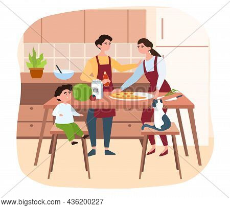 Family Cooking Dinner. Mom And Daughter Together Prepare Food For Son And Dad. Joint Evening, Happin