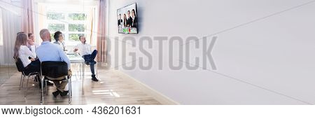 Video Conference Meeting In Boardroom. Videoconference Webinar