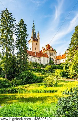 Pruhonice Castle And Natural Park Landscape With Garden Lake On Sunny Summer Day, Pruhenice, Czech R