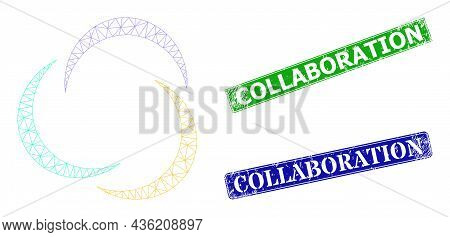 Triangular Collaboration Image, And Collaboration Blue And Green Rectangular Grunge Stamps. Polygona