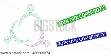 Polygonal Community Image, And Join Our Community Blue And Green Rectangle Dirty Stamp Seals. Mesh C