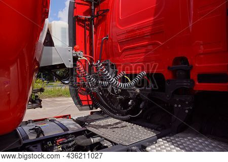 Electric And Pressure Cables. Connections Between The Truck And Its Trailer.