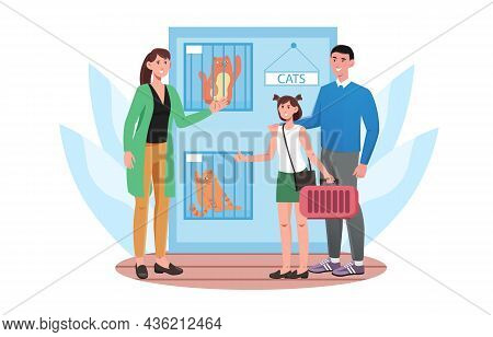 Cattery For Cats. Girl, Together With Her Father And Mother, Takes Her Pet In Cage. Caring For Anima