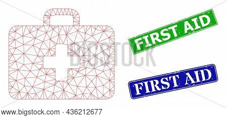 Net Medical First Aid Image, And First Aid Blue And Green Rectangular Corroded Stamp Seals. Polygona
