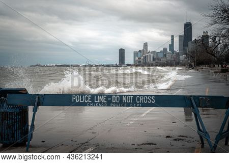 Chicago, Il - March 20th, 2020:  Blue Wooden Police Barricades Block Off The Lakefront Trail And Bik