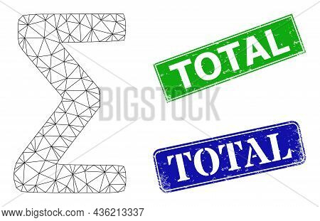 Polygonal Sigma Greek Symbol Image, And Total Blue And Green Rectangular Textured Stamps. Polygonal 
