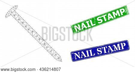 Net Steel Nail Image, And Nail Stamp Blue And Green Rectangle Dirty Seals. Polygonal Wireframe Image