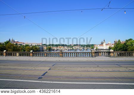 Palacky Bridge With Tramlines And Cables Overlooking Vltava River And City Skyline, Prague, Czech Re