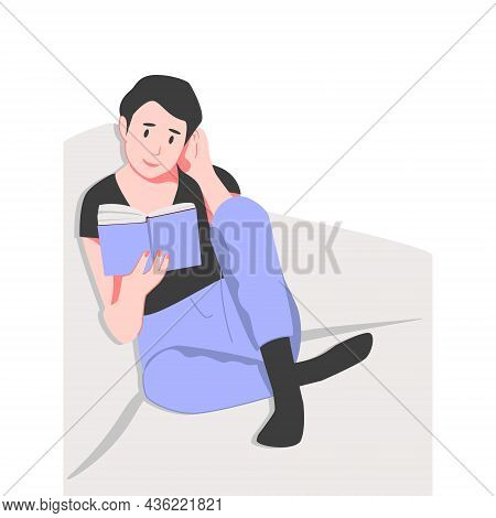 Relaxed Domestic Girl Sitting In Comfy Hanging Chair Reading Book Vector Flat Illustration. Woman Re