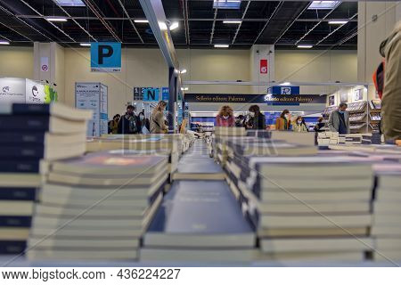 International Book Fair, Turin, Italy - 14 October 2021: Stacks Of Books On Display By The Publisher