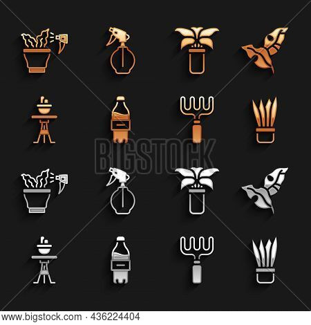 Set Bottle Of Water, Tropical Leaves, Plant In Pot, Garden Rake, On Table, Exotic Tropical Plant, Sp