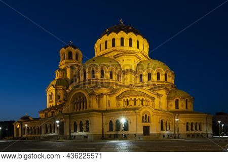 Sofia, Bulgaria - August 1, 2021: Night View Of Cathedral Saint Alexander Nevski In Sofia, Bulgaria