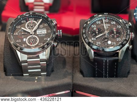 Samnaun, Switzerland - September 28, 2021: Tag Heuer Carrera Swiss Luxury Watches In Display Window 