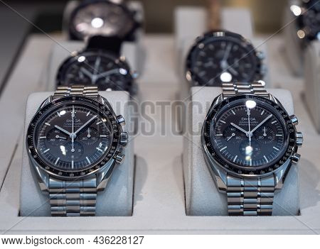 Samnaun, Switzerland - September 28, 2021: Omega Luxury Watches In Display Window In A Duty Free Zon