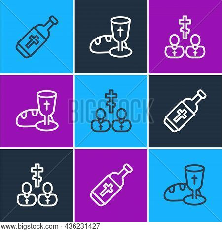 Set Line Holy Water Bottle, Priest And Goblet And Bread Icon. Vector