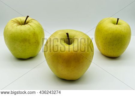 Fresh Golden Delicius Apples Cultivar Isolated On White Background