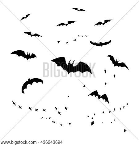 Horror Bats Group Isolated On White Background. Flittermouse, Night Creatures Flock. Silhouettes Of 
