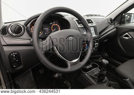 Novosibirsk, Russia - August 31, 2021:  Lada Granta, Steering Wheel With  Logo    And  Speedometer A