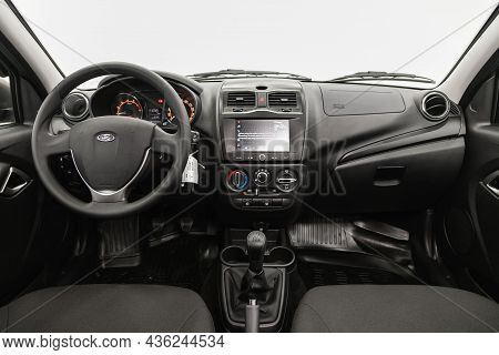 Novosibirsk, Russia - August 31, 2021:  Lada Granta, Steering Wheel, Shift Lever And Dashboard, Clim