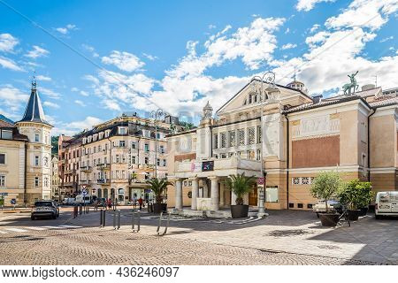 Merano,italy - July 16,2021 - Building Of Theater In The Streets Of Merano. Merano Is A City And Com