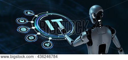 It Consultant Presenting Tag Cloud About Information Technology. Robot Pressing Button On Virtual Sc