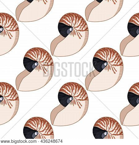Nautilus Shells Colorful Doodles Seamless Pattern. Background Template Of Stock Sea Shells For Wrapp