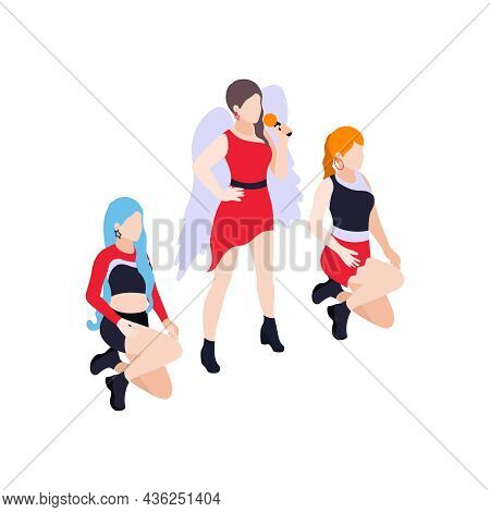 Isometric Icon With Girl Pop Band Singing In Bright Costumes 3d Vector Illustration
