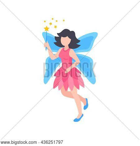 Fairy In Pink Dress With Blue Wings And Magic Wand Isometric Icon Vector Illustration