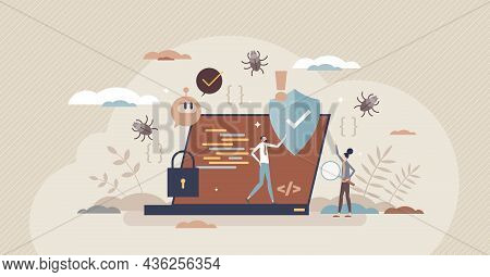 Testing Software For Functionality, Bugs And Errors Tiny Persons Concept. Analyzing Application Or W